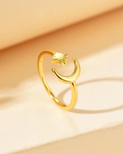 LOVECOM 925 Sterling Silver Moon Star Toe Rings for Women Mom | Dainty 14K Gold Plated Crescent Adjustable Open Band Toe Ring Stacking Summer Beach Foot Birthday Jewelry Gifts to Daughter