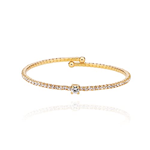 OZEL – Women’s Gold Cuff Bracelets – 18K Gold Plated Textured Bangles with Multi-Color Crystal & Rhinestone Accents – Layered Stacking Jewelry - color: G_Round