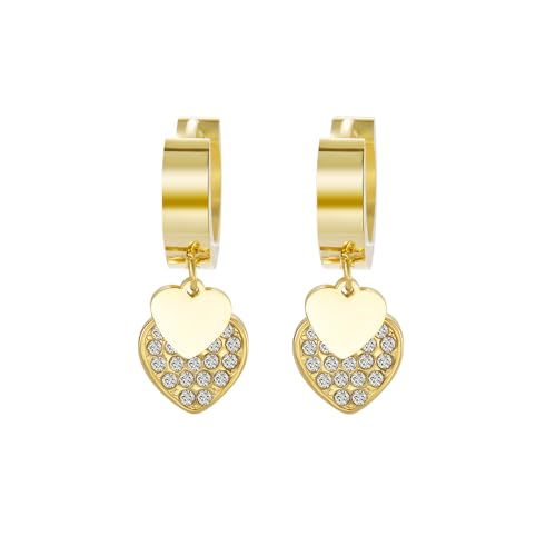 Women's Huggie Hoop Earrings with Small Cute Charm - style: Gold Two Hearts
