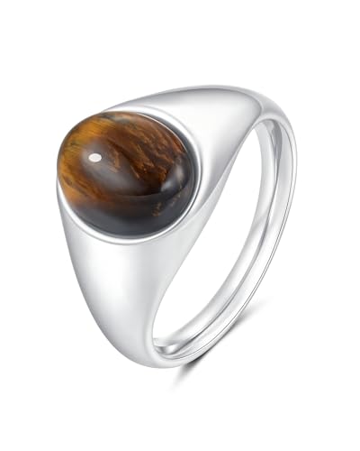YeGieonr Gold Signet Rings for Women Non Tarnish Gold Rings, Waterproof Gemstones Statement Ring, 18K Gold Plated Stainless Steel Gem Stone Jewelry Gift for Everyday Wear - color: Tiger Eye Silver