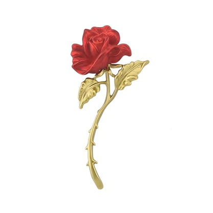 Rose Flower Brooch Pin for Women Fashion Dainty Gold Plated 3D Red Roses Floral Crystal Brooch Pin Birthday Dress Suit Accessories Jewelry - style: Long Rose