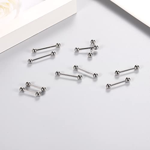 GAGABODY 5 Pairs Nipple & Tongue Rings - 14G Surgical Steel Screw Barbell - Straight, 12mm-20mm - color: Silver