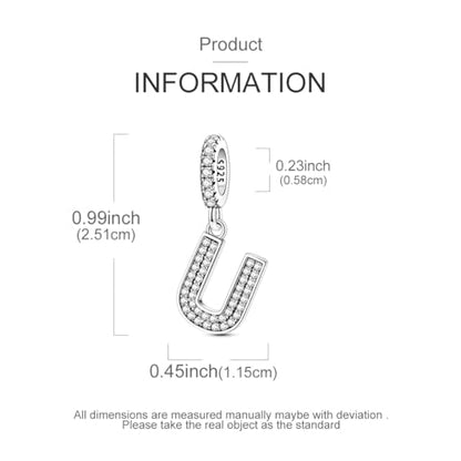 Hapour Letter 925 Sterling Silver Charm with Cubic Zirconia Alphabet A-Z Initial Dangle Charms Beads Pendent DIY Jewelry for Bracelets Necklace - color: U