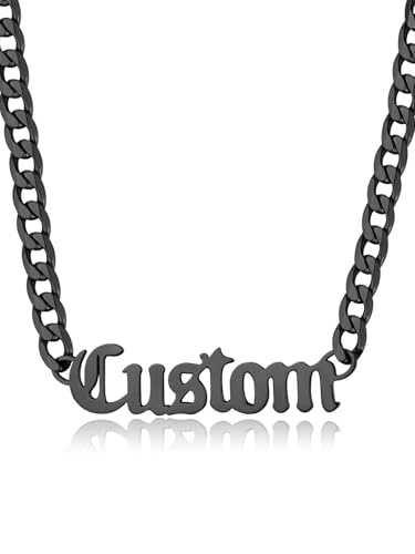 GoldChic JEWELRY Name Necklace Personalized for Men, Womens Custom Name Plate Chain, Stainless Steel Customized Old English Nameplate Choker with Curb Chains Custom, 16 inches to 30 inches - color: Cuban Chain 6 mm -Black