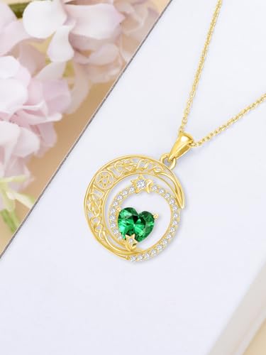 Midari 18K Yellow Gold Sun Moon Star Pendant Rose Flower Necklaces I Love You Forever Sun Moon Jewelry Gift for Mother Women - color: 05-May-Emerald, style: Moon&Star