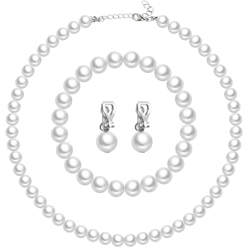 3 Pcs Pearl Jewelry Set Faux Pearl Clip on Earring Necklace Bracelet for Women Bridesmaid Birthday Wedding Gift - color: White, size: 10 mm
