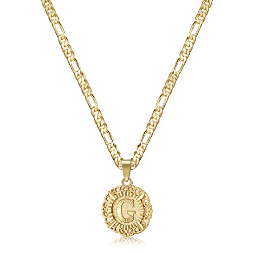 KissYan Initial Necklaces for Women, 14K Gold Plated Round Letter Pendant Capital Monogram Necklace Alphabets from A-Z Figaro Chain Jewelry - color: Gold, style: G