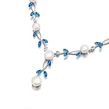 EVER FAITH Cubic Zirconia Pearl Leaf Vine Wedding Jewelry Set for Bride | Crystal Filigree Bridal Necklace Earrings, for Women Bridesmaid - color: 2pcs_Sky Blue Silver-Plated-Brass