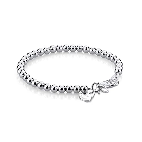 Dankadi Women 925 Sterling Silver Round Bead Bracelet Minimalist 4-6MM 13-21CM Bell and Heart Pendant Prayer Beads Link Chain Bracelet Men Charm Jewelry Gift - color: 4MM Chain Silver, size: 13CM