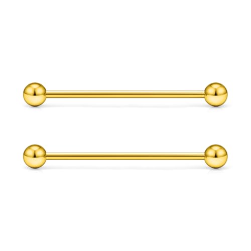 16G 14G Surgical Steel Tongue Rings Nipple Rings Industrial Piercing Jewelry Set Multi Size Straight Barbells 12mm 14mm 16mm 19mm 22mm 28mm 32mm 35mm 38mm 40mm 45mm for Women Men - color: goldtone, size: 14g,bar length 35mm