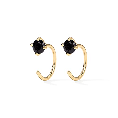 PAVOI 14K Gold 925 Sterling Silver Huggie Half Hoop Earrings for Women | Tiny Boho Colored Cartilage Earring | Blue, Green, Amethyst, Garnet, Black CZ, Turquoise, Opal, Pearl - style: Black