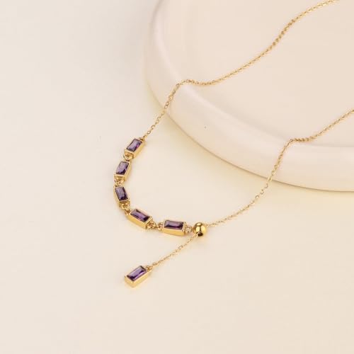 Emerald Cut Y Shaped Necklace for Women 18K Gold Plated Double Layered Y Lariat Necklace Jewelry Gift - color: Style9-Purple