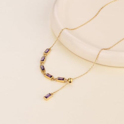 Emerald Cut Y Shaped Necklace for Women 18K Gold Plated Double Layered Y Lariat Necklace Jewelry Gift - color: Style9-Purple