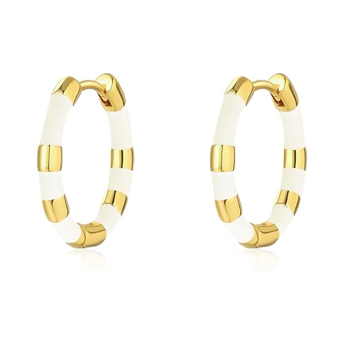 Milan Chiva 14K Gold Plated Small Huggie Dangle Earrings | Lightweight Trendy Heart Dainty Jewelry Hypoallergenic Chunky Gold Hoops Earrings Jewelry Mothers Day Gift for Women - color: E-White