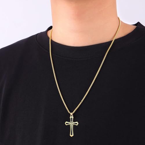 MOOSKI Cross Necklace for Men Stainless Steel Christ Jesus Jewelry 24"Chain | Religious christ Pendant ,Adjustable Rolo Chain,Gold Silver/Black Christian Jewelry Gift Women Men - color: Gold&Black