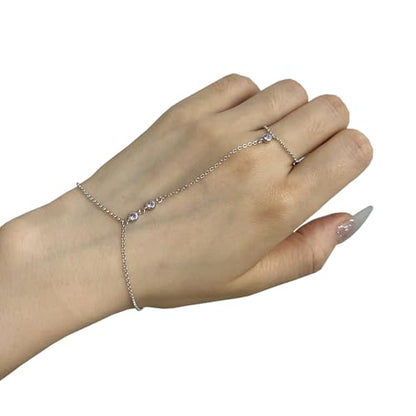Kakikaki 925 Sterling Silver Finger Ring Bracelet Hand Chain for Women | Slave Bracelets 7" to 9" Adjustable - color: Silver, style: 3 Amethyst