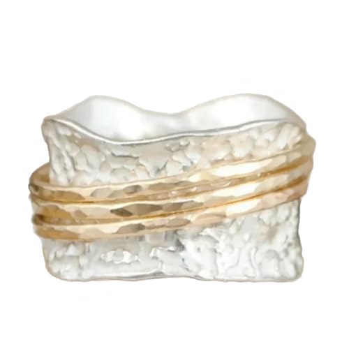 Vintage Hammered Texture Wide Band Ring, 15mm Wide Brass Double Plated (Silver & Gold) with Wavy Edge and Triple Gold Wire Inlay