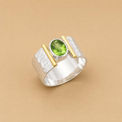 925 Sterling Silver Peridot Ring, Hammered Wide Band Statement Jewelry, Two Tone Minimalist Gemstone Ring