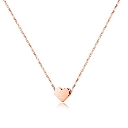 Turandoss Tiny Heart Initial Necklaces for Girls | 14K Rose Gold Plated Heart Pendant Handmade Dainty Letter Initial Necklaces for Teen Girls Jewelry - color: L
