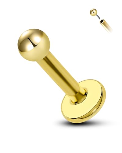 COCHARM 14K Solid Gold Helix Cartilage Tragus Earring Stud 16g Yellow Gold Threadless Tragus Cartilage Helix Conch Piercing Jewelry Flat Back Lip Labret Medusa Monroe Piercing Stud - color: 2.5mm Top, size: 6mm Length