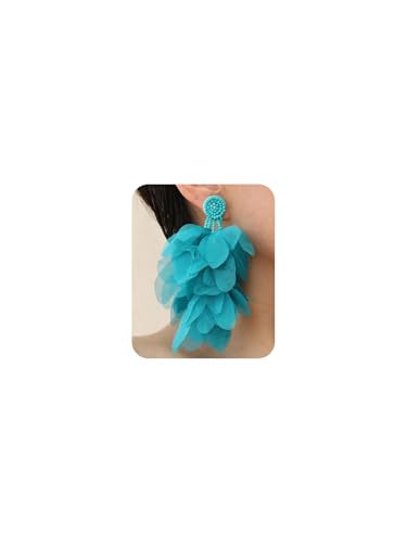 Bohemian Flower Drop Dangle Earrings Vintage Handmade Chiffon Floral Long Tassel Earrings Exaggerated Big Flower Stud Earrings Wedding Bridal Party Ear Jewelry for Women - color: Blue