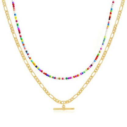 Seed Beaded Layered Necklace for Women 14K Gold Plated Figaro Chain T Bar Pendant Necklace Set, Colorful Beaded Choker Necklace, Dainty Boho Jewelry Gift