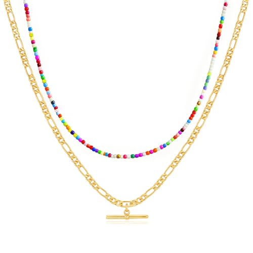 Seed Beaded Layered Necklace for Women 14K Gold Plated Figaro Chain T Bar Pendant Necklace Set, Colorful Beaded Choker Necklace, Dainty Boho Jewelry Gift