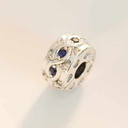 KEQ Clip Spacer Charm for Bracelet 925 Silver Pave Cubic Zirconia Clip Lock Stopper Bead Spacer For Women Bracelets Stopper Birthday Gifts European Openable Beads 2pcs - color: Infinite Blue Zircon