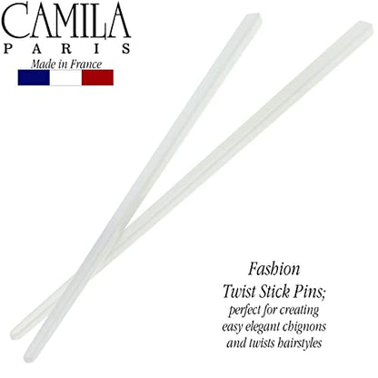 Camila Paris CP3177 French Twist Stick Hair Pin, Set of 2 White, Girls Chopsticks Hair Pins for Girls Spiral Updo Chignon Bun Holder, Styling Hair Accessories for Women, Made in France - color: White