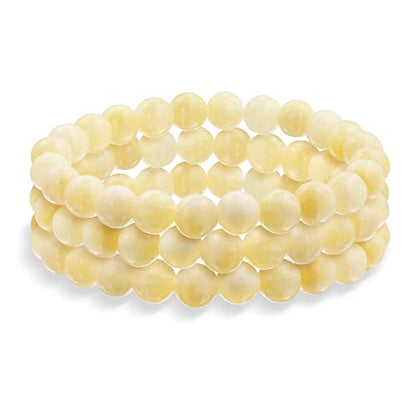 Bling Jewelry Unisex Stackable Set Of 3 Gemstone Round Bead 8MM Stretch Bracelet For Women Teen Men Multi Strand Stacking Adjustable - color: Yellow Stone Jade