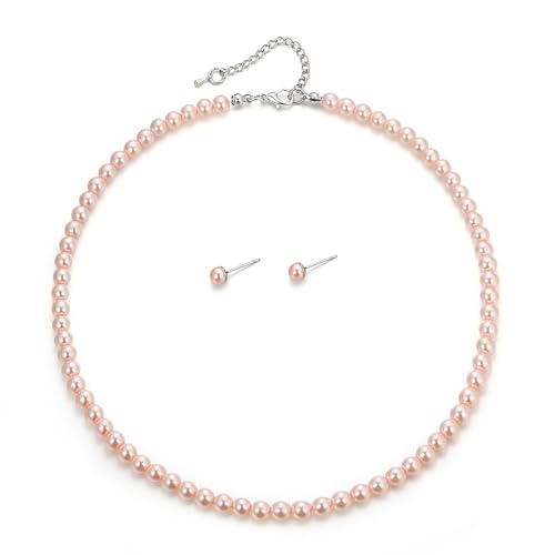 EVER FAITH Dainty Round Imitation Pearl Strand Necklace Stud Earrings Delicate Wedding Costume Prom Faux Pearls Jewelry for Women Bride - color: Pink Pearl, size: 6mm