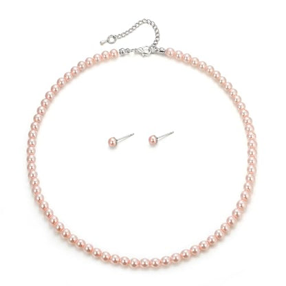 EVER FAITH Dainty Round Imitation Pearl Strand Necklace Stud Earrings Delicate Wedding Costume Prom Faux Pearls Jewelry for Women Bride - color: Pink Pearl, size: 6mm