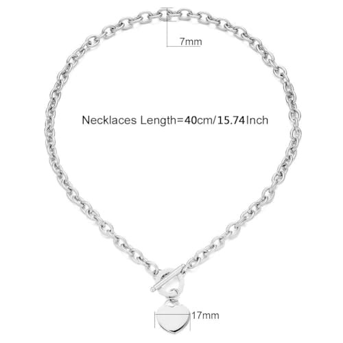 WangGao Elegent Love Stainless Steel Link Chain Blank Heart Charms Necklace for Women Toggle Clasp Closure - color: Silver, size: 15.74inches