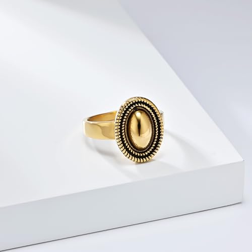Gold Rings For Women, Stainless Steel Polished Stainless Steel Signet Ring with 18MM Wide Oval, Size 10