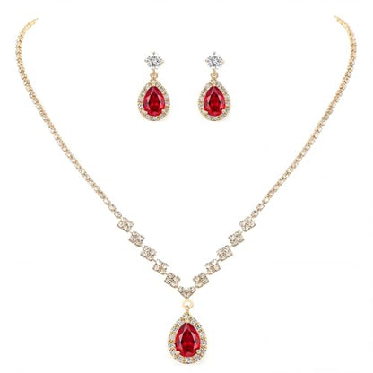 Unicra Bride Crystal Necklace Earrings Set Bridal Wedding Jewelry Sets Rhinestone Choker Necklace Prom Costume Jewelry Set for Women and Brides - color: Gold Red