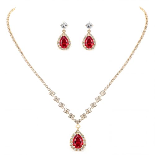 Unicra Bride Crystal Necklace Earrings Set Bridal Wedding Jewelry Sets Rhinestone Choker Necklace Prom Costume Jewelry Set for Women and Brides - color: Gold Red