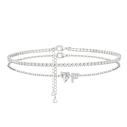 Heart Initial Silver Anklets for Women Waterproof Dainty Silver Plated ankle bracelets for women Large Ankle Women's Anklets Tennis ankle bracelets Non Tarnish Summer Beach Foot Jewelry - style: Silver-F