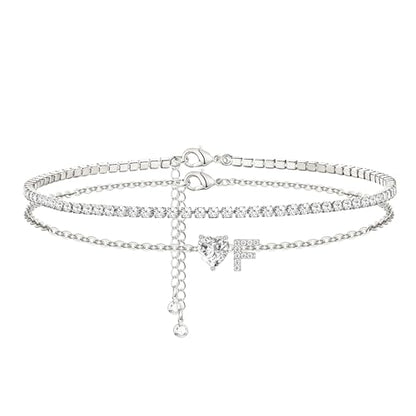 Heart Initial Silver Anklets for Women Waterproof Dainty Silver Plated ankle bracelets for women Large Ankle Women's Anklets Tennis ankle bracelets Non Tarnish Summer Beach Foot Jewelry - style: Silver-F