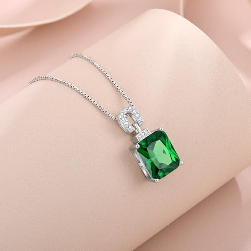 Emerald Cut Birthstone Necklace for Women 925 Sterling Silver | Baguette Birthstone Pendant Necklace, Jewelry for Mom Wife - color: Green