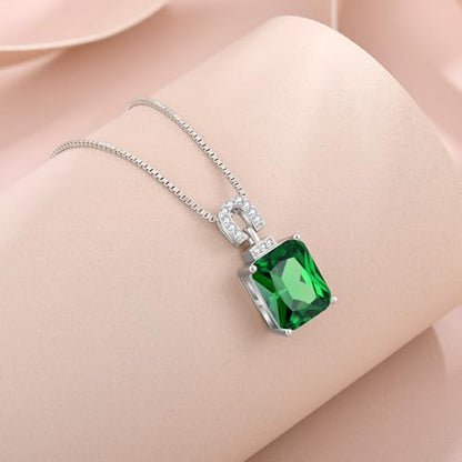 Emerald Cut Birthstone Necklace for Women 925 Sterling Silver | Baguette Birthstone Pendant Necklace, Jewelry for Mom Wife - color: Green
