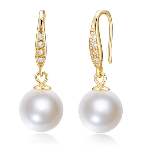 Mameloly Pearl Earrings for Women Leverback Dangle Trendy Simulated Pearl Drop Earrings 14K Gold Plated Sterling Silver 925 Cute Jewery for Women - color: 14K Gold Plated CZ