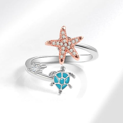 Starfish Turtle Fidget Anxiety Open Rings for Women Cute Funny Adjustable Crystal Spinner Stress Relief Stackable Ring Rotatable Calming Worry Meditation Jewelry Birthday Christmas Gifts