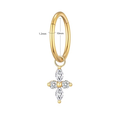 Ourania 16G Gold Stainless Steel Zircon Dangle Huggie Hoop Rook Piercing Helix Hoop Earring Tragus Hoop Cartilage Piercing for Women - color: Flower Gold 2PCS, size: 1.2*10mm 2pcs
