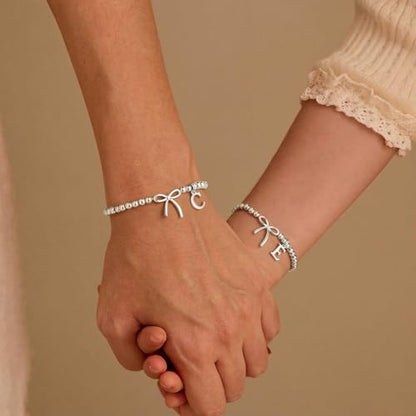 Letter A-Z Bracelets for Women Teen - Inital Beaded Bracelet with Bowknot Charm, Dainty Stretch Stackable Bracelet, Trendy Jewelry Gifts for Birthday Easter Basket Stuffers - style: Silver: S