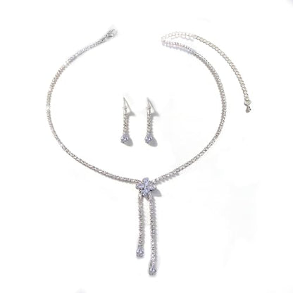 Women's Fashion Jewelry Rhinestone Zircon Necklace and Earring Set Formal Ball Gown Accessories Silver Floral Pendant Bridal Wedding Jewelry Suitable for Weddings, Balls, Banquets, and All Special Occasions - style: GST012