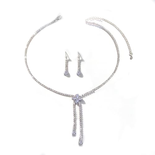 Women's Fashion Jewelry Rhinestone Zircon Necklace and Earring Set Formal Ball Gown Accessories Silver Floral Pendant Bridal Wedding Jewelry Suitable for Weddings, Balls, Banquets, and All Special Occasions - style: GST012