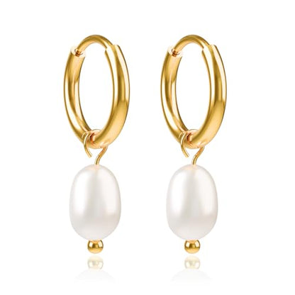 Pearl Earrings VeroSteel Dangle Earrings for Women, Dainty 14k Gold Huggie Hoop Earrings with Pearls, Trendy Pearl Drop Earrings, Stainless Steel Hypoallergenic Stud Earrings For Sensitive Ears - style: Classic