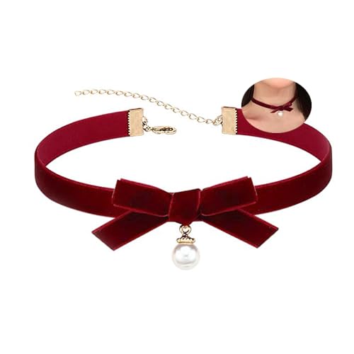 Bethynas Vintage Bow-knot Velvet Choker Necklace Sexy Bell Pearl Heart Pendant Suede Collar Christmas Halloween Party Neck Accessories for Women - color: Pearl-Red
