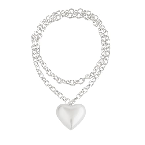 Puffy Heart Pendant Necklace for Women | Long and Short Pendant Necklace with 18K Gold Plated Heart Charm Statement Fashion Jewelry Gift - size: Long, style: Silver Chain & Heart
