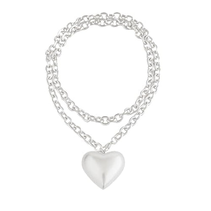 Puffy Heart Pendant Necklace for Women | Long and Short Pendant Necklace with 18K Gold Plated Heart Charm Statement Fashion Jewelry Gift - size: Long, style: Silver Chain & Heart